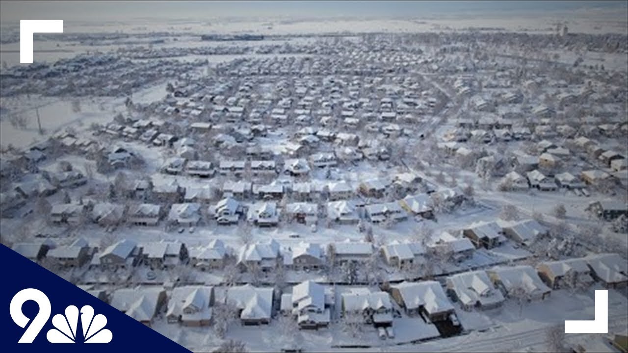 Aerial view after March 2021 blizzard dumps feet of snow on Denver