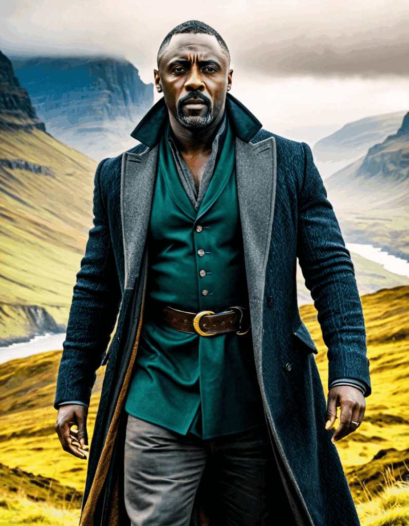 Idris Elba looking serious in promotional artwork for his movies and TV shows